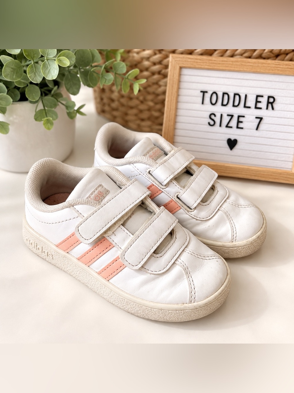 Adidas Toddler Girls White Pink Velcro Sneakers Size 7K
